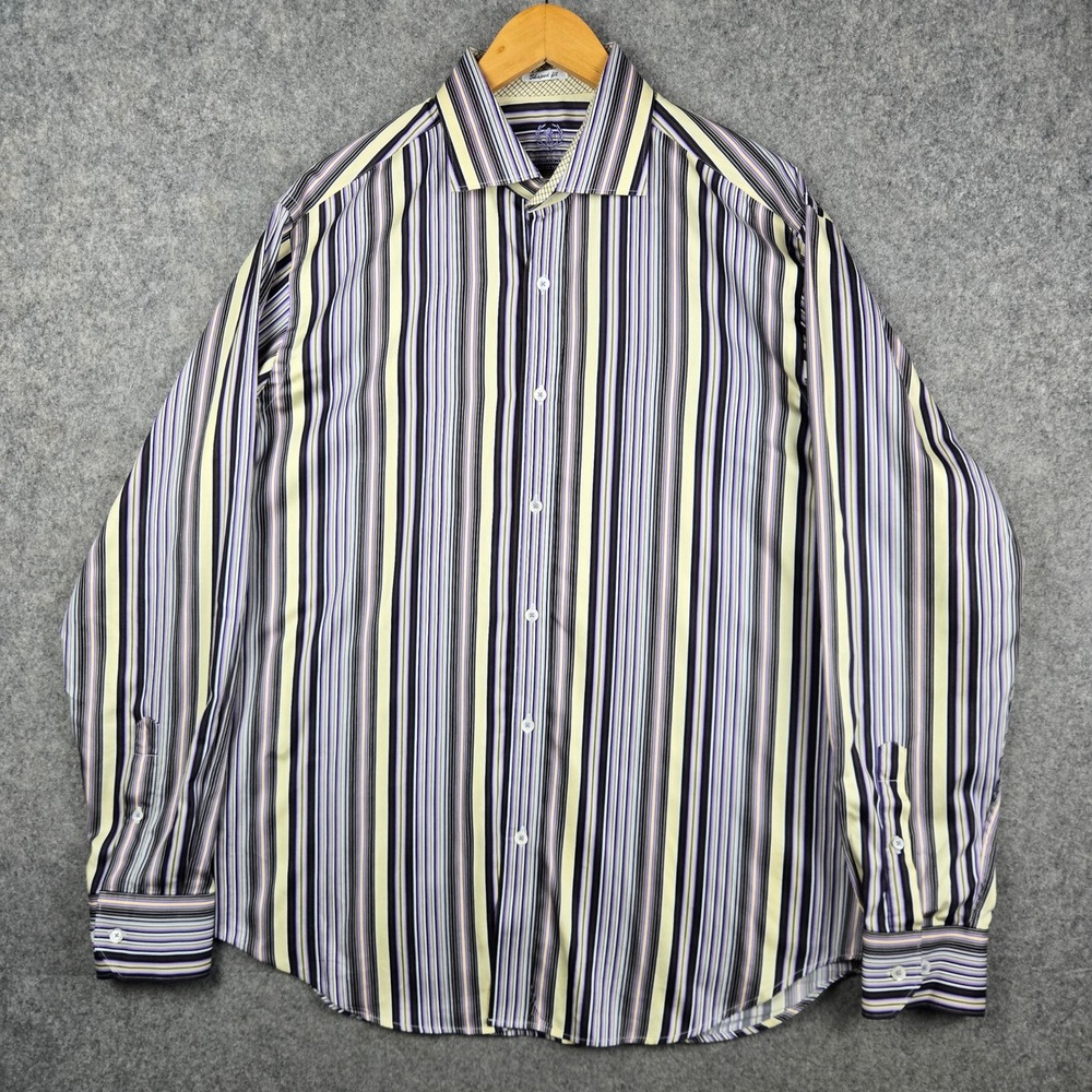 Bugatchi Uomo Shirt Mens Large Purple Yellow Stripe Shaped Fit Button Down